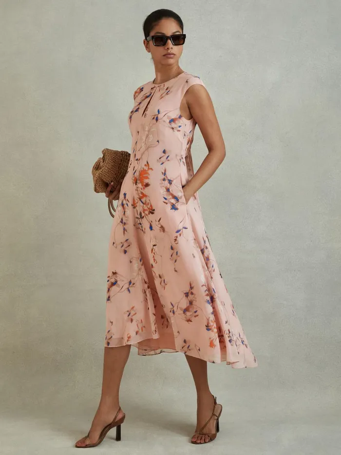 Women Reiss Dresses Becci Printed Open Back Midi Dress Blush