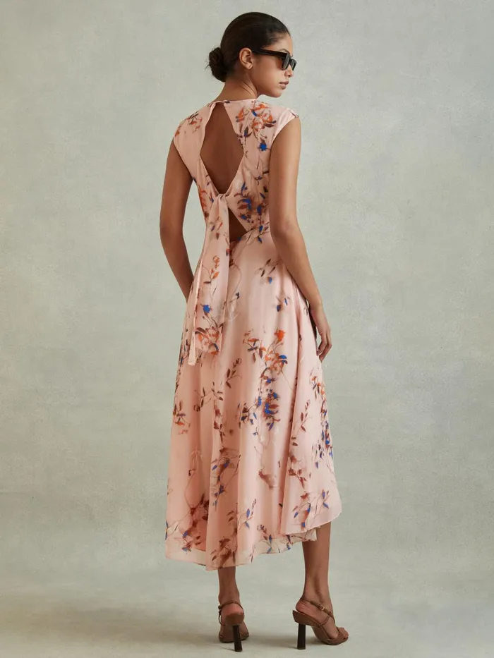 Women Reiss Dresses Becci Printed Open Back Midi Dress Blush