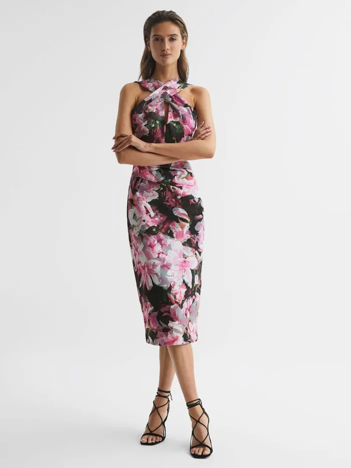 Women Reiss Dresses Ella Floral Print Halter Midi Dress Pink