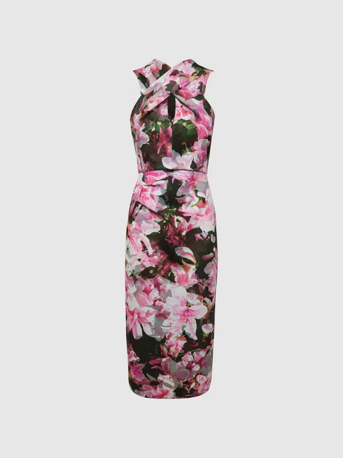 Women Reiss Dresses Ella Floral Print Halter Midi Dress Pink