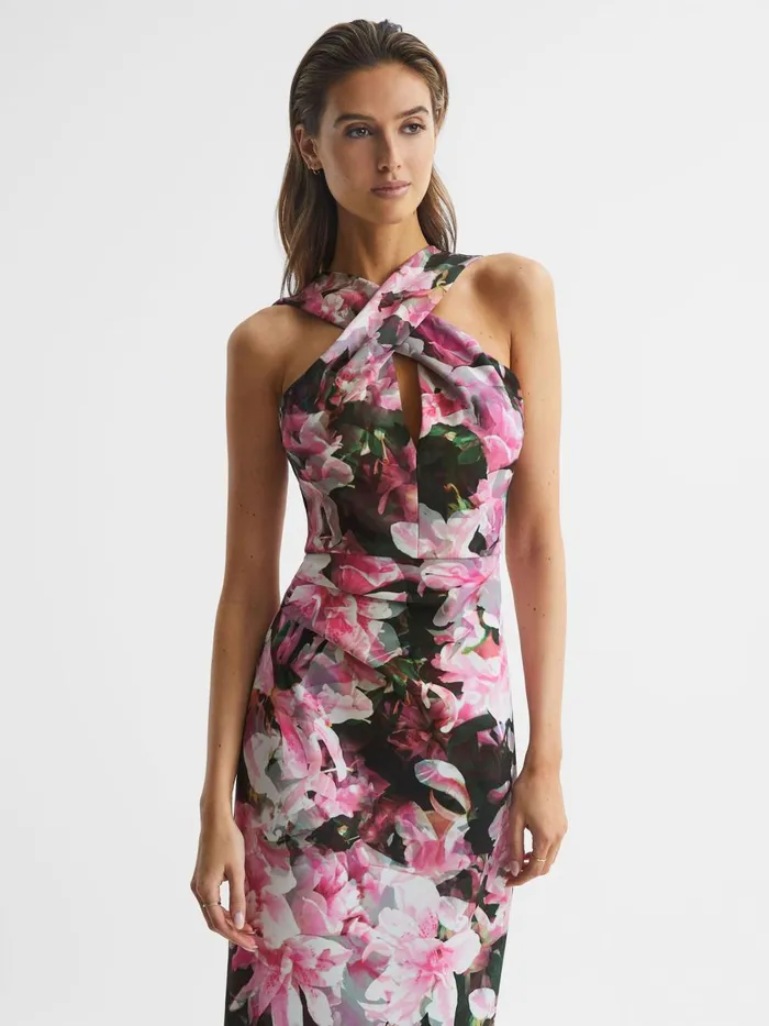 Women Reiss Dresses Ella Floral Print Halter Midi Dress Pink