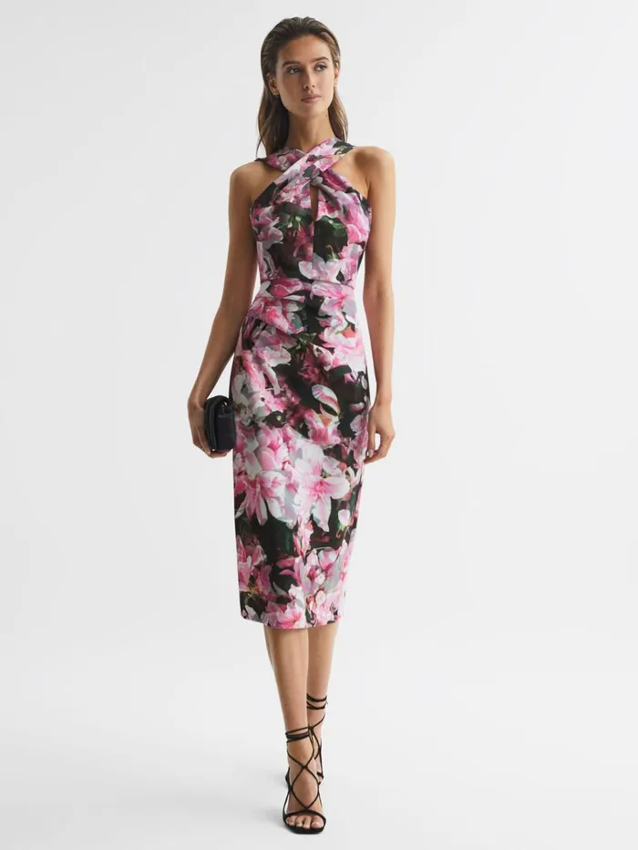 Women Reiss Dresses Ella Floral Print Halter Midi Dress Pink