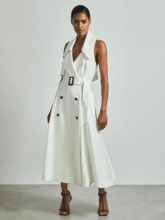 Women Reiss Dresses Italian Textured Wrap Dress With Silk Off White
