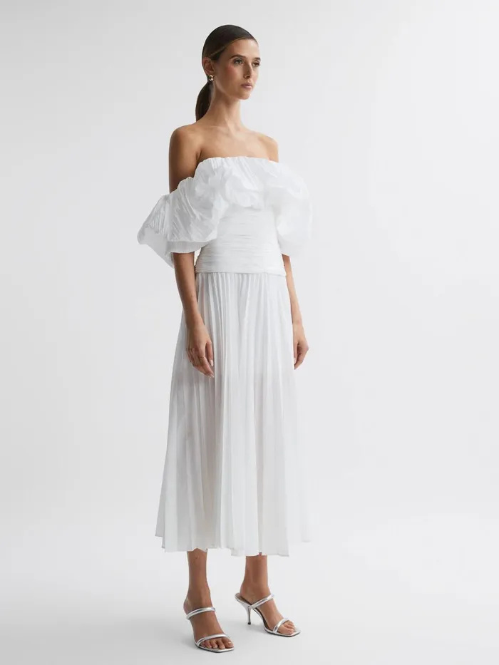 Women Reiss Dresses Ivory Pleated Puff Sleeve Midi Dress Ivory