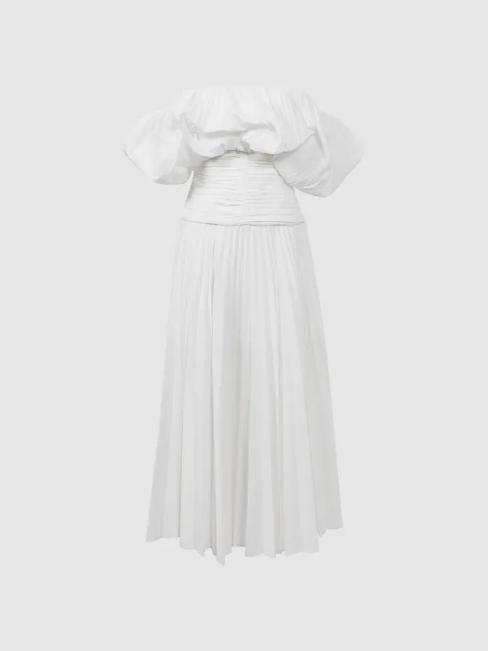 Women Reiss Dresses Ivory Pleated Puff Sleeve Midi Dress Ivory