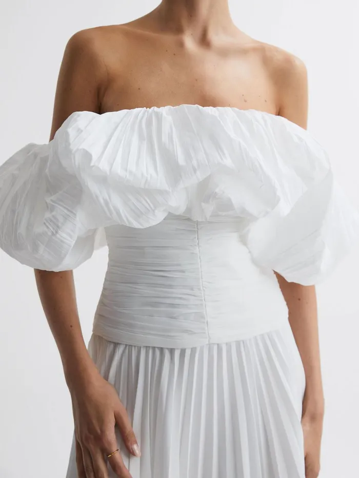 Women Reiss Dresses Ivory Pleated Puff Sleeve Midi Dress Ivory
