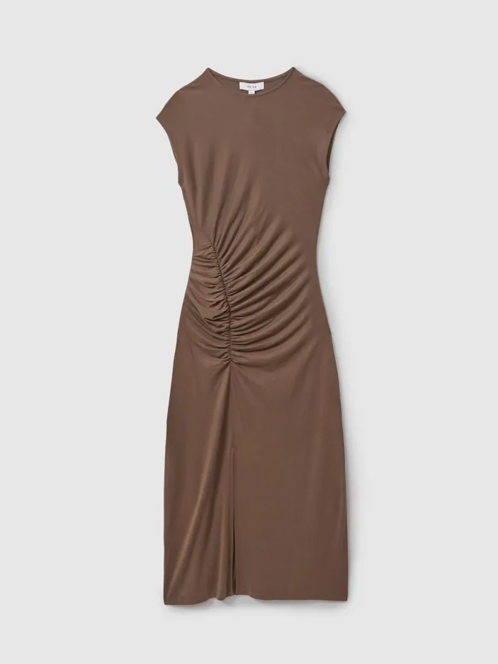 Women Reiss Dresses Lenara Ruche Front Capped Sleeve Jersey Midi Dress Chocolate