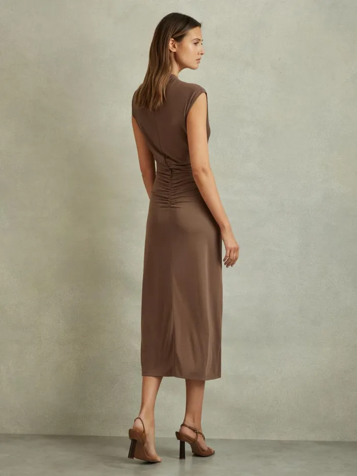 Women Reiss Dresses Lenara Ruche Front Capped Sleeve Jersey Midi Dress Chocolate
