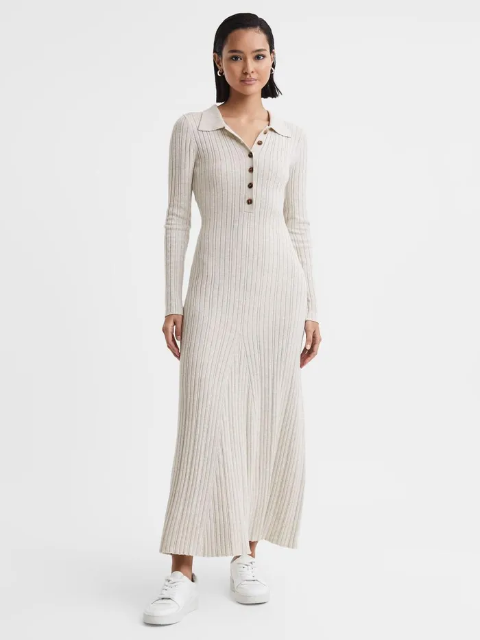 Women Reiss Dresses Quan Knitted Polo Maxi Dress Ecru