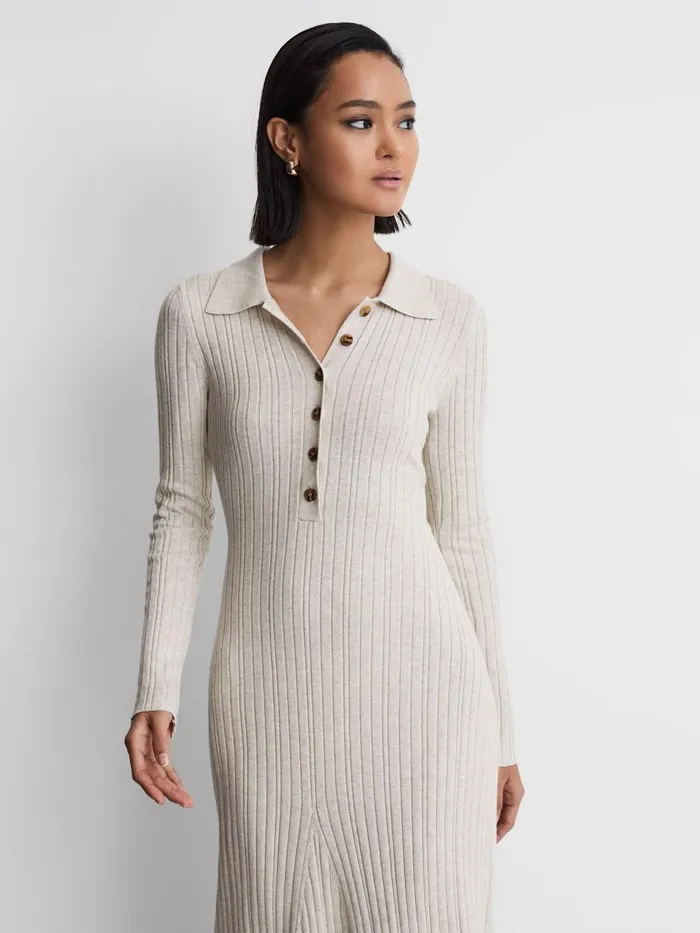 Women Reiss Dresses Quan Knitted Polo Maxi Dress Ecru
