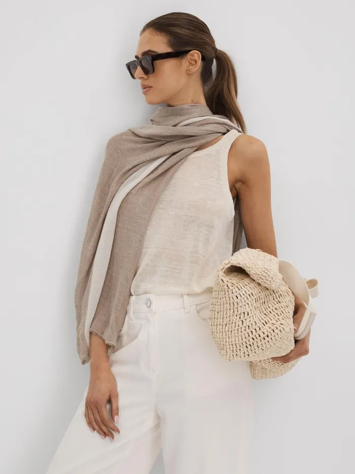 Women Reiss Hats Gloves and Scarves Beatrix ModalLinen Striped Scarf Camel