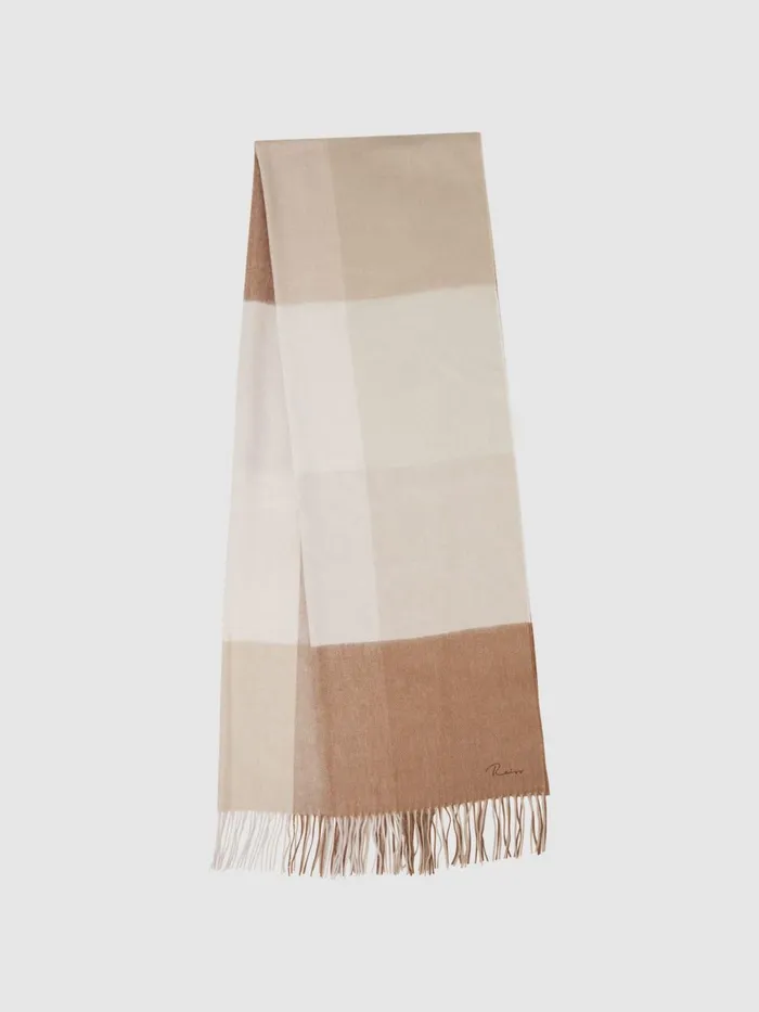 Women Reiss Hats Gloves and Scarves Leyton Wool Blend Check Embroidered Scarf Camel