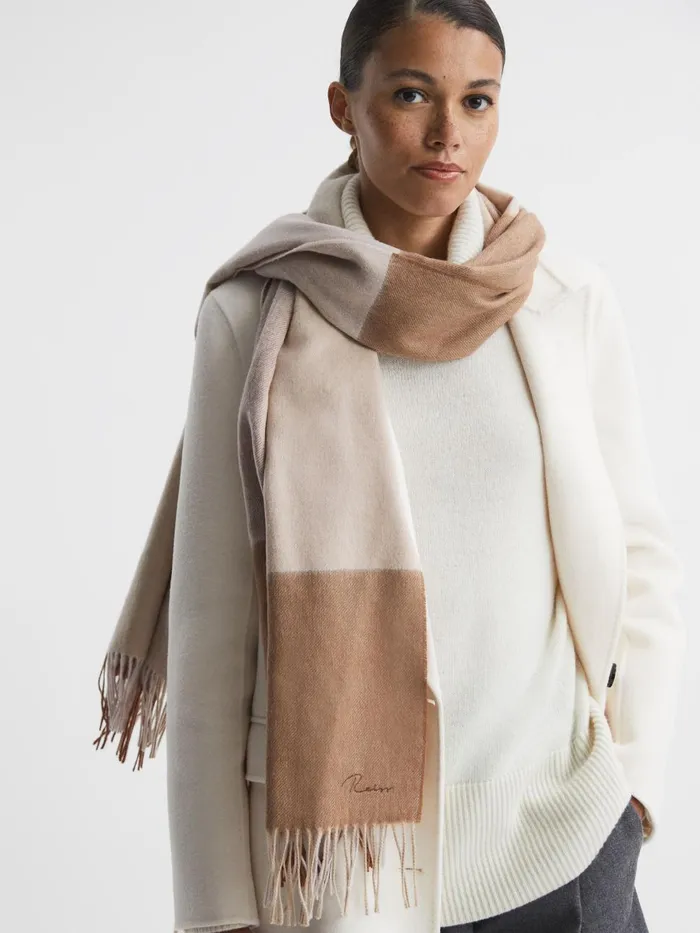 Women Reiss Hats Gloves and Scarves Leyton Wool Blend Check Embroidered Scarf Camel
