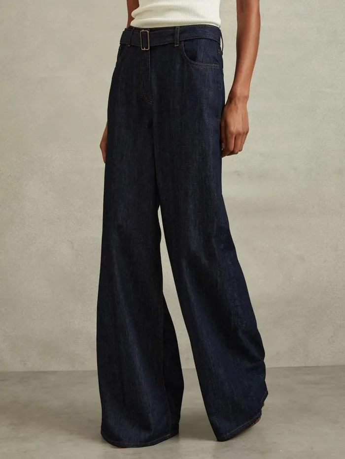 Women Reiss Jeans Luca Belted Wide Leg Jeans Dark Blue