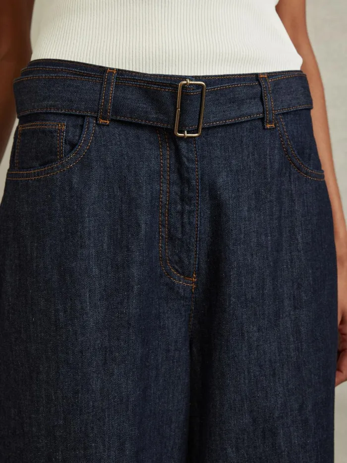 Women Reiss Jeans Luca Belted Wide Leg Jeans Dark Blue