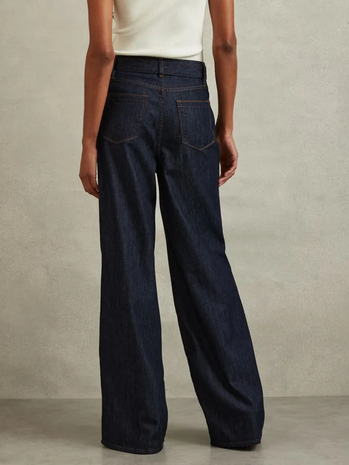 Women Reiss Jeans Luca Belted Wide Leg Jeans Dark Blue