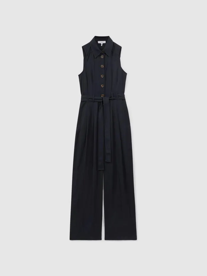 Women Reiss Jumpsuits and Playsuits Perla Belted Wide Leg Jumpsuit Navy