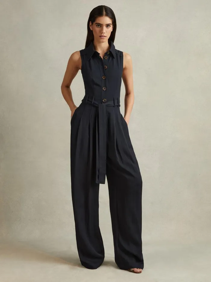 Women Reiss Jumpsuits and Playsuits Perla Belted Wide Leg Jumpsuit Navy