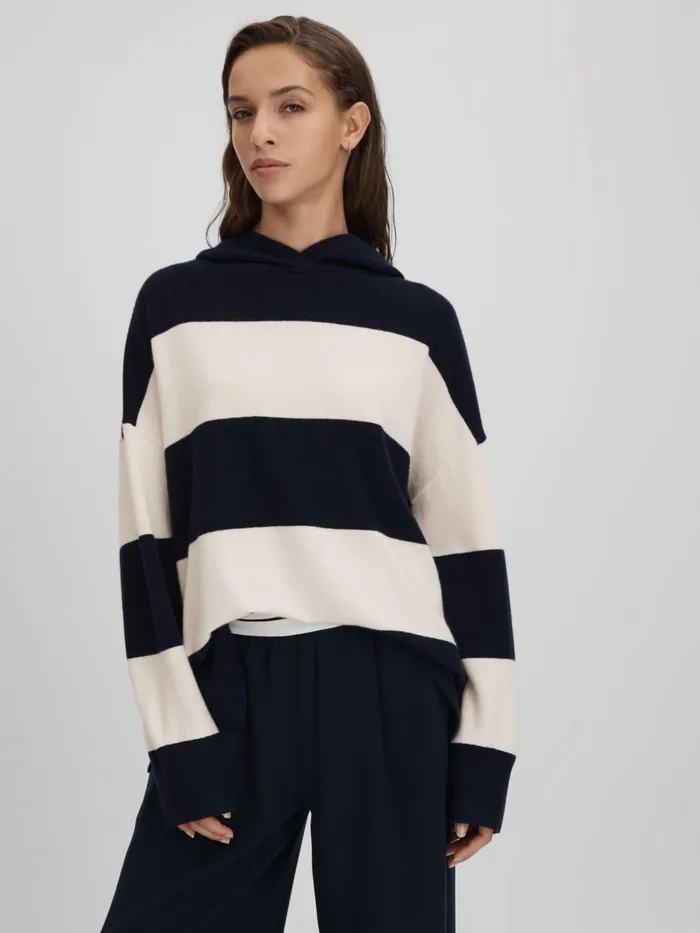 Women Reiss Knitwear Ally Wool Blend Striped Hoodie Navyivory
