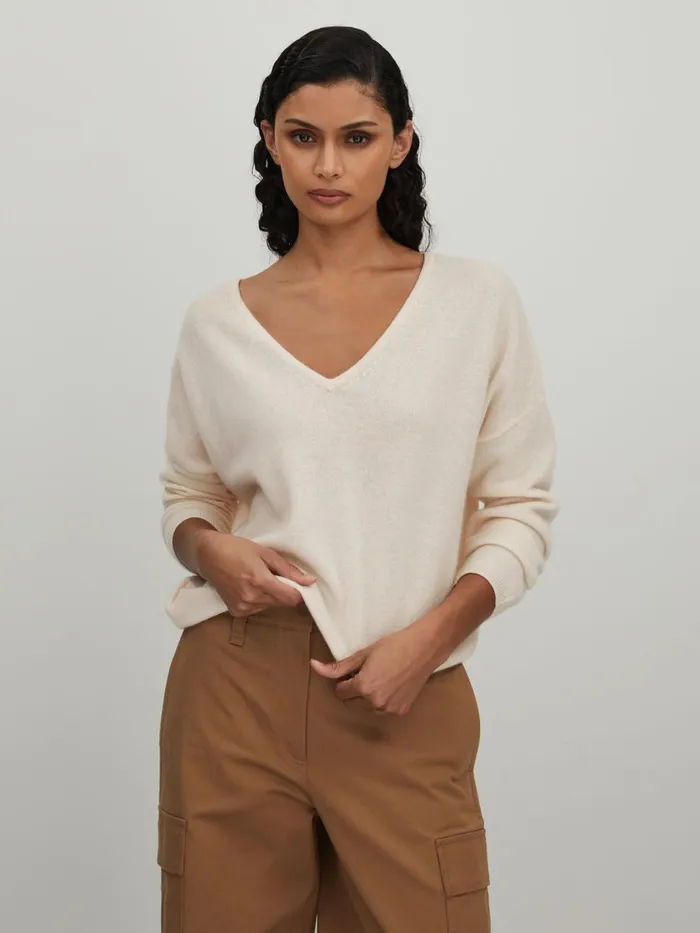 Women Reiss Knitwear Collection Cashmere Cropped Reversible Jumper Milk