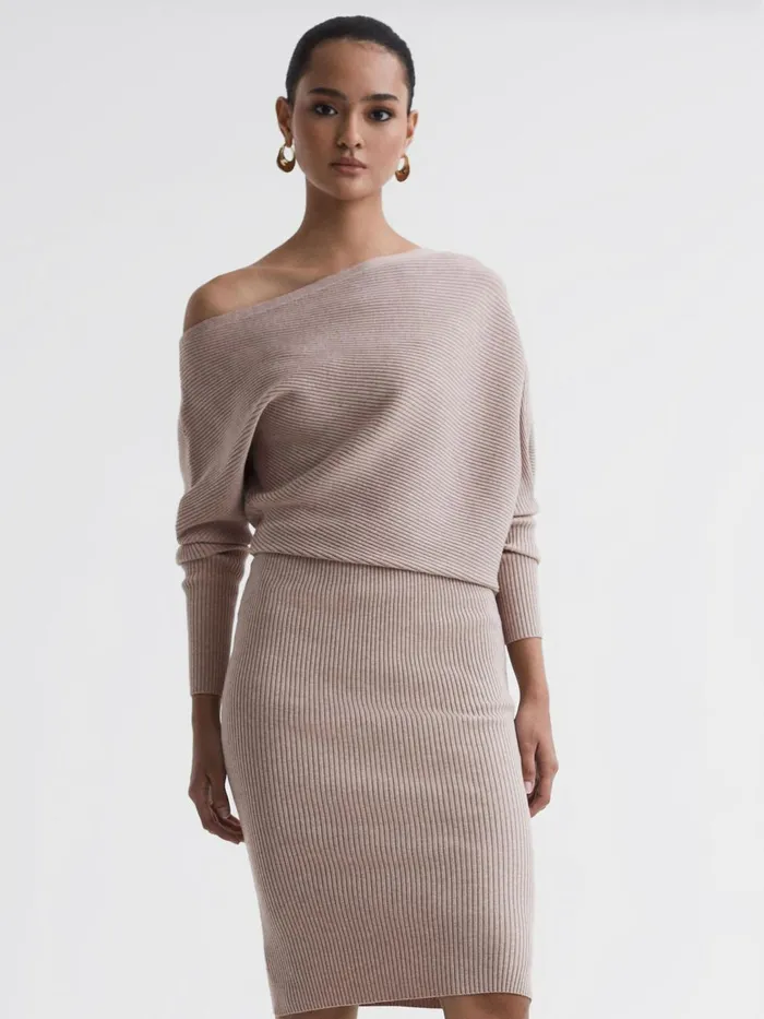 Women Reiss Knitwear Lara OffShoulder Ribbed Dress Neutral