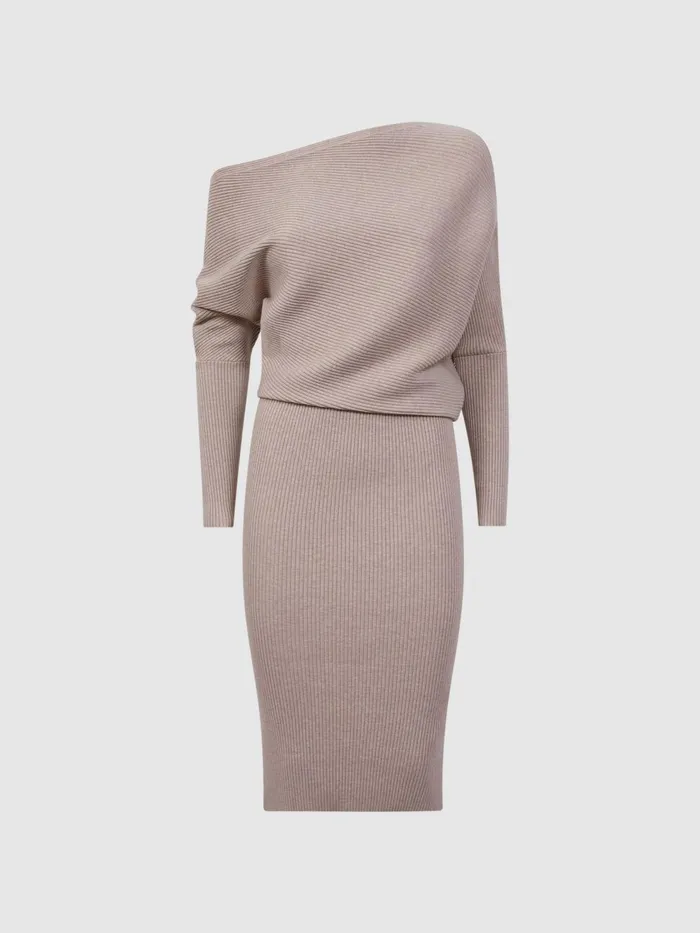 Women Reiss Knitwear Lara OffShoulder Ribbed Dress Neutral
