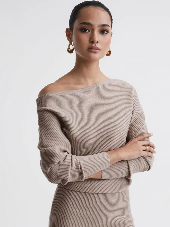 Women Reiss Knitwear Lara OffShoulder Ribbed Dress Neutral