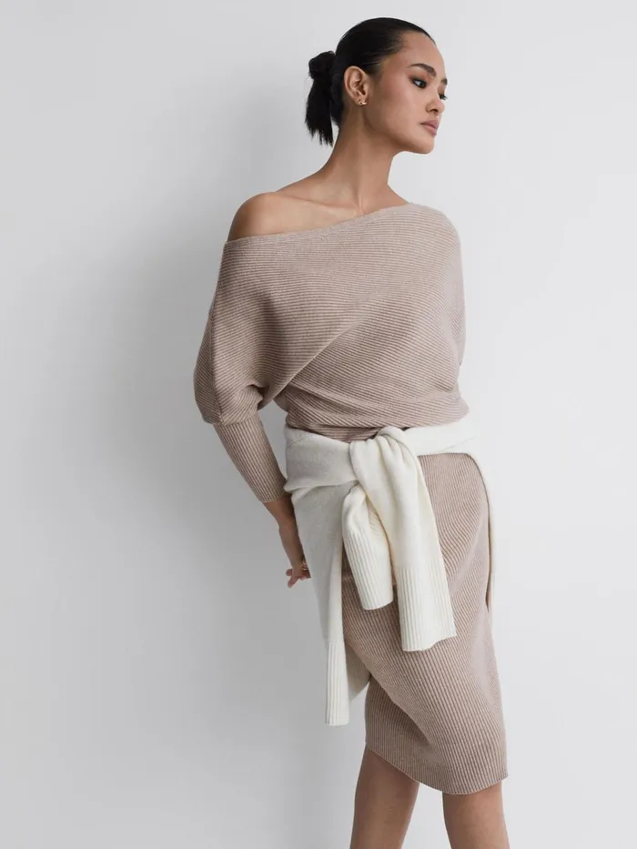 Women Reiss Knitwear Lara OffShoulder Ribbed Dress Neutral