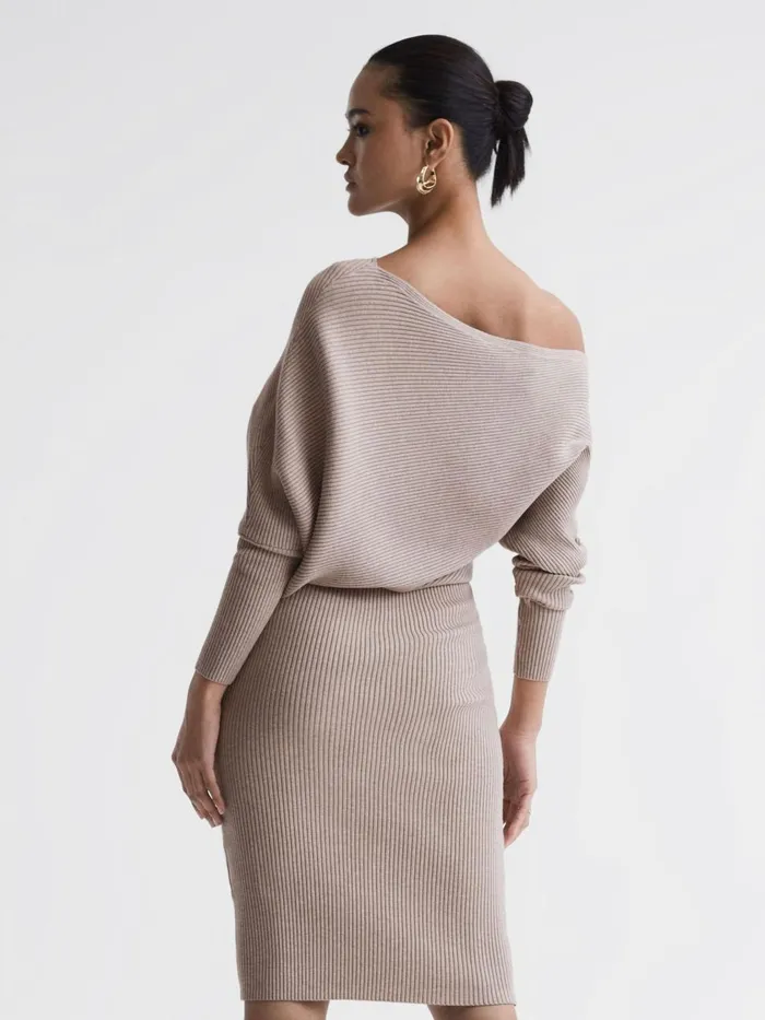 Women Reiss Knitwear Lara OffShoulder Ribbed Dress Neutral