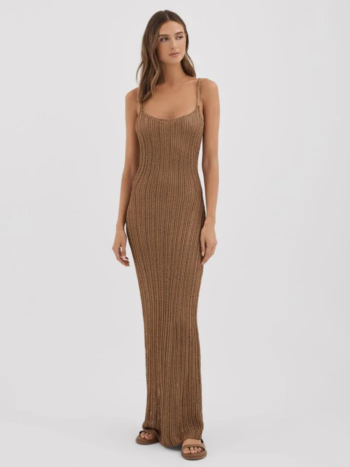 Women Reiss Knitwear Morrow Sheer Knitted Bodycon Maxi Copper Dress Copper