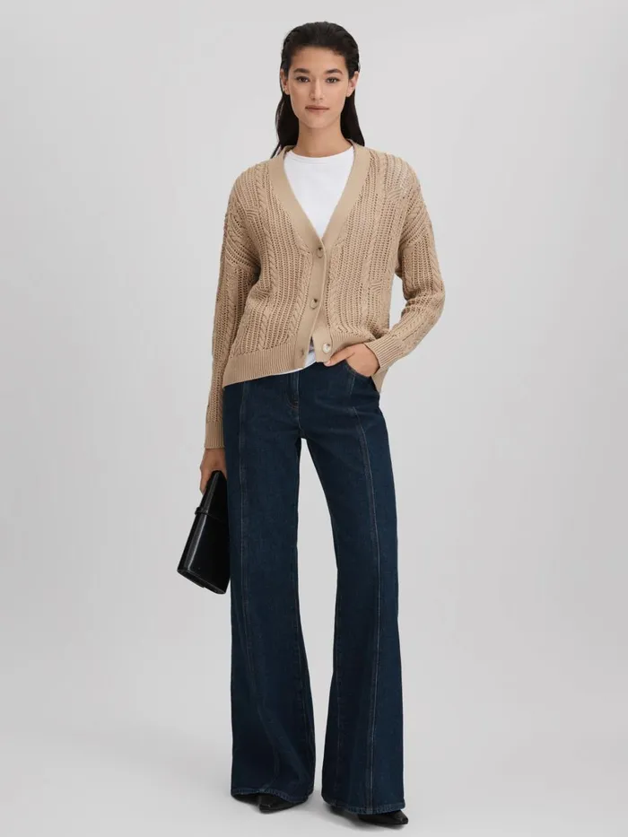 Women Reiss Knitwear Tiffany Cotton Blend Open Stitch Cardigan Neutral