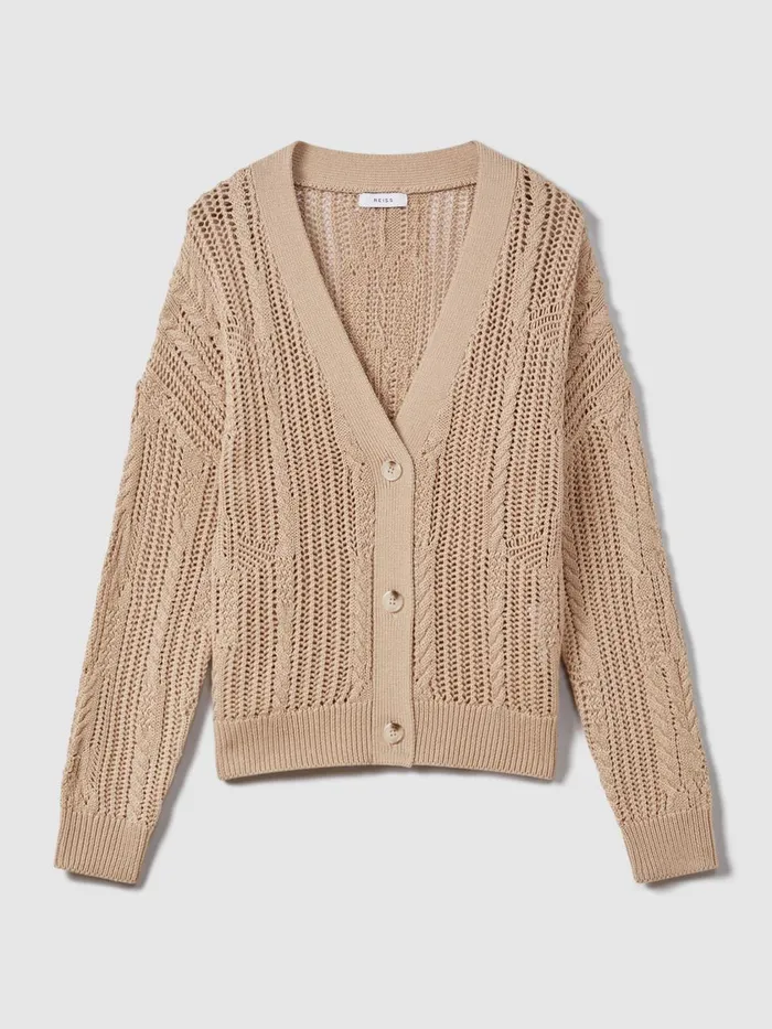 Women Reiss Knitwear Tiffany Cotton Blend Open Stitch Cardigan Neutral