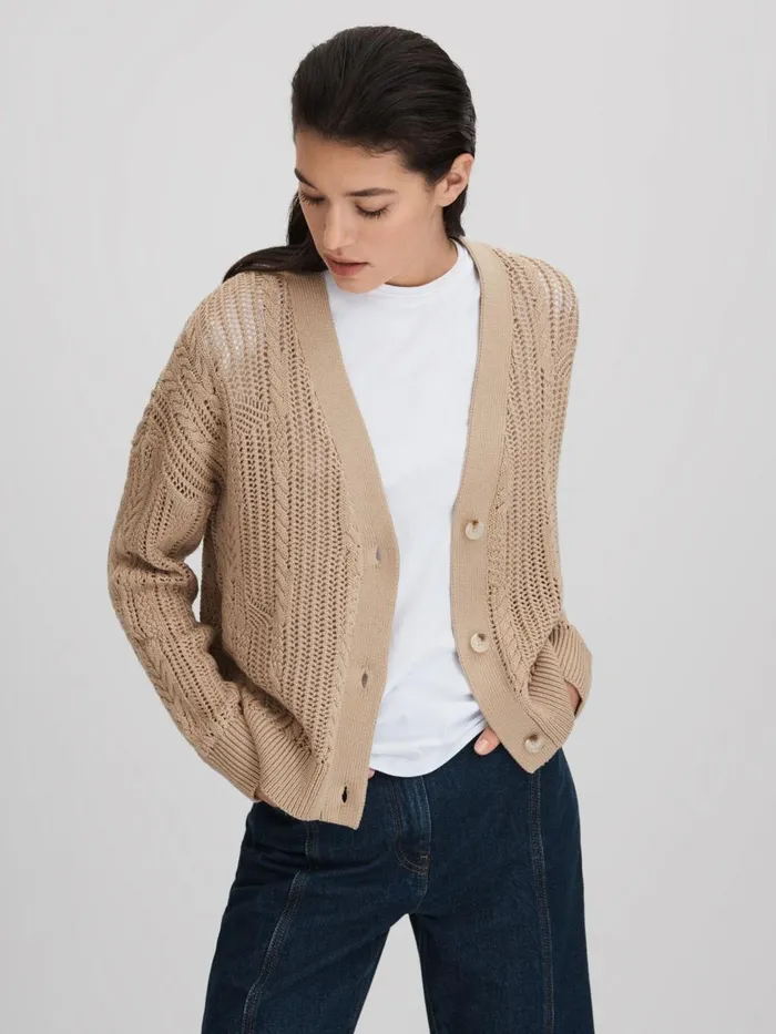 Women Reiss Knitwear Tiffany Cotton Blend Open Stitch Cardigan Neutral