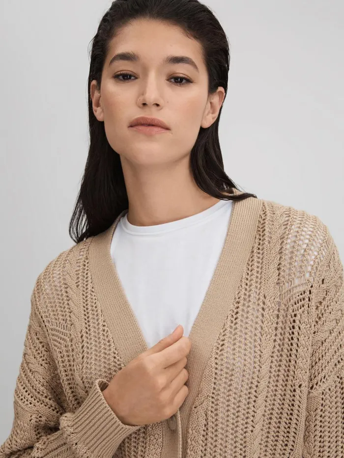 Women Reiss Knitwear Tiffany Cotton Blend Open Stitch Cardigan Neutral