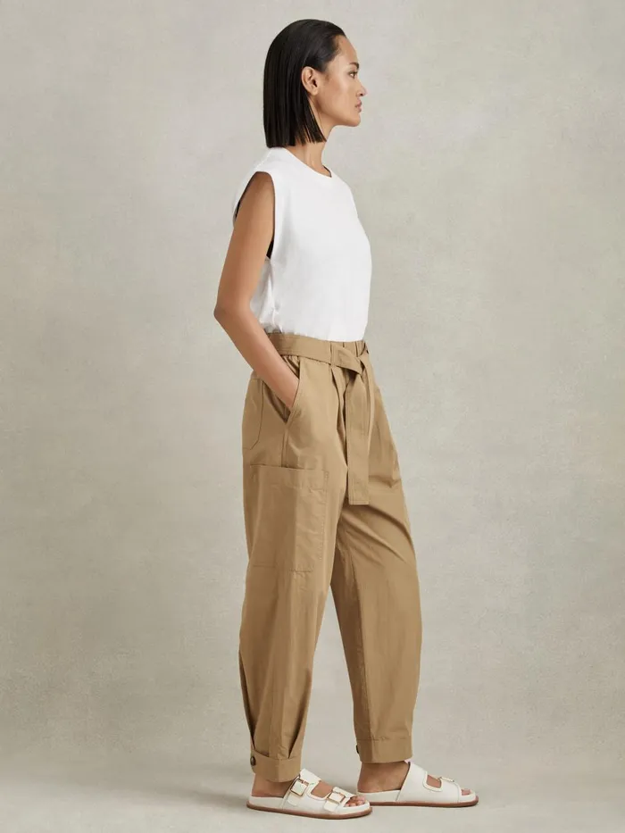 Women Reiss Pants Delia Cotton Tapered Parachute Trousers Sand