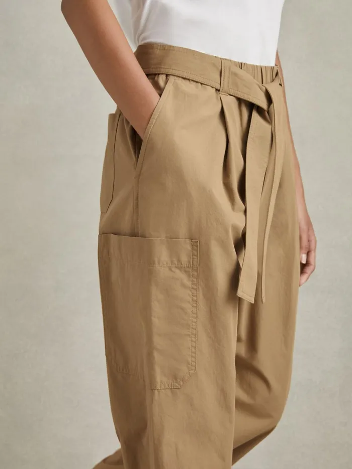Women Reiss Pants Delia Cotton Tapered Parachute Trousers Sand