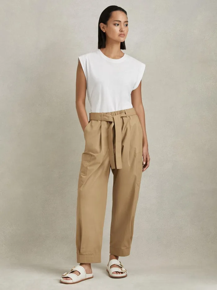 Women Reiss Pants Delia Cotton Tapered Parachute Trousers Sand