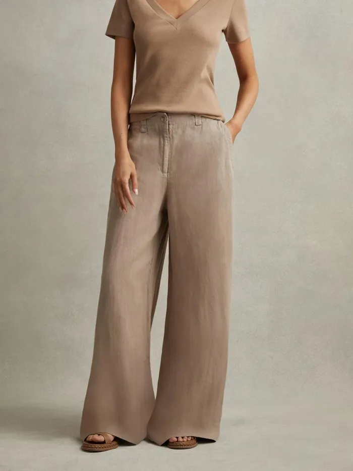 Women Reiss Pants Demi Linen Wide Leg Garment Dyed Trousers Mink Neutral