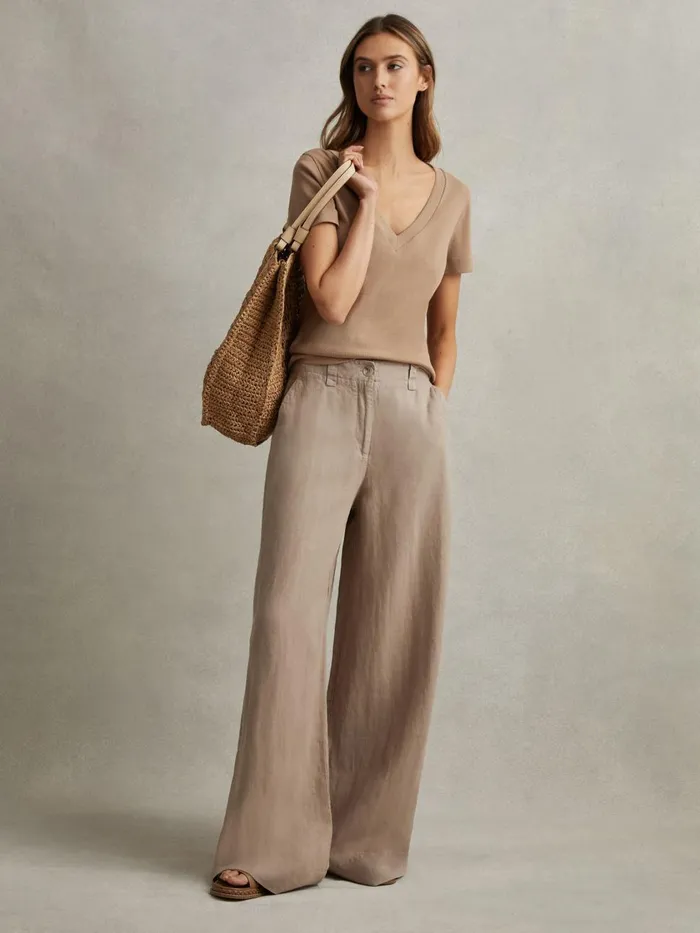 Women Reiss Pants Demi Linen Wide Leg Garment Dyed Trousers Mink Neutral