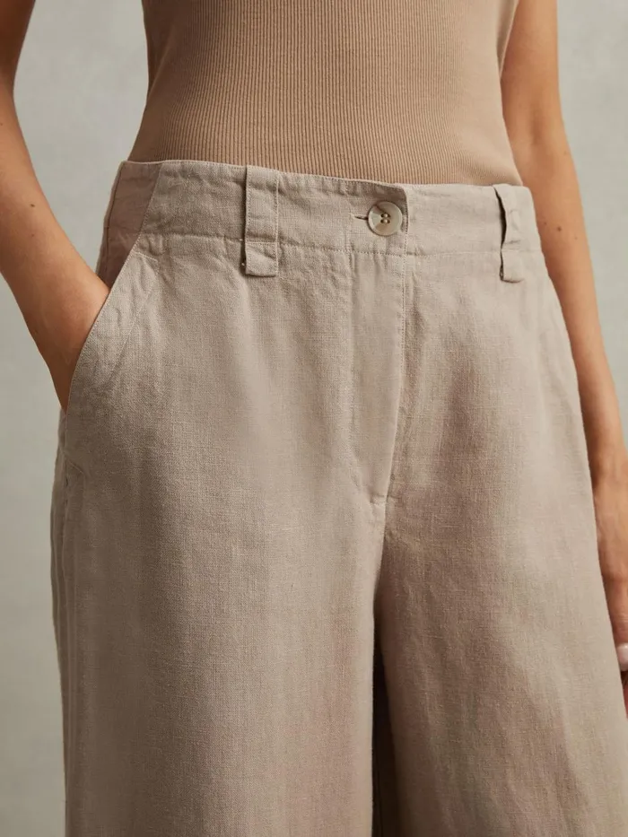 Women Reiss Pants Demi Linen Wide Leg Garment Dyed Trousers Mink Neutral