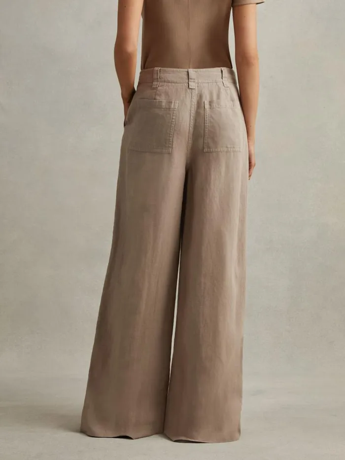 Women Reiss Pants Demi Linen Wide Leg Garment Dyed Trousers Mink Neutral