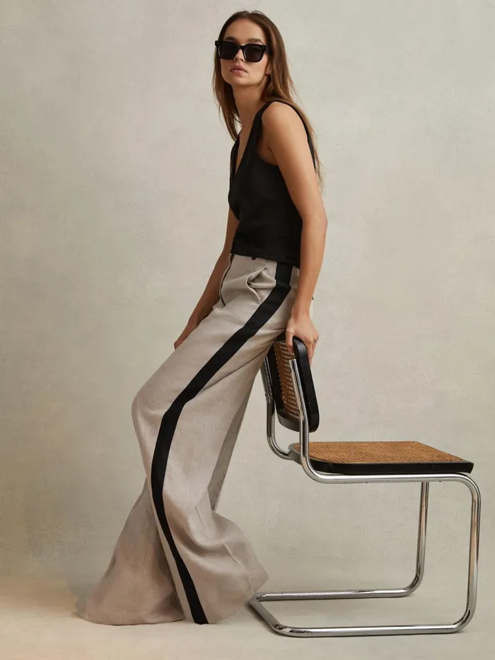 Women Reiss Pants Luella Colourblock Linen Wide Leg Trousers Neutral