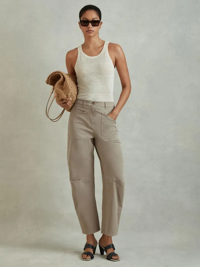 Women Reiss Pants Nova Cotton Blend Barrel Leg Trousers Olive