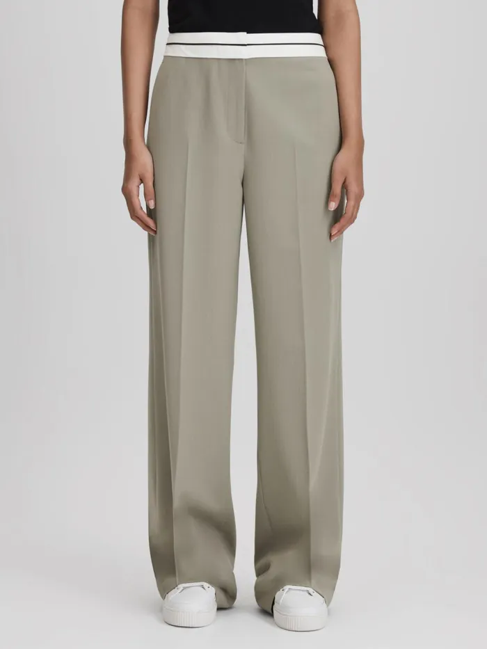 Women Reiss Pants Whitley Contrast Waistband Wide Leg Suit Trousers Green