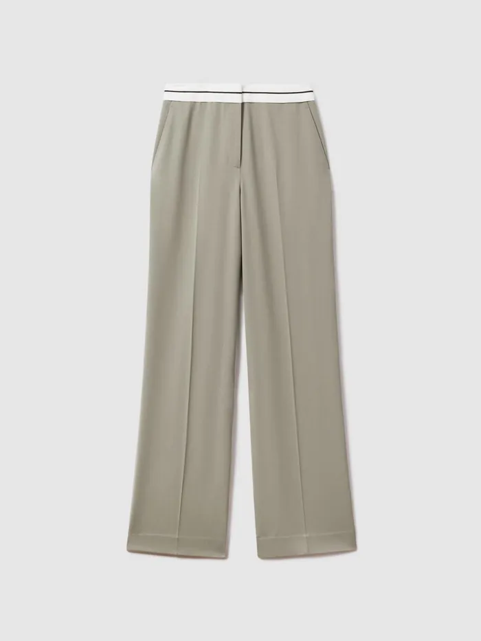 Women Reiss Pants Whitley Contrast Waistband Wide Leg Suit Trousers Green