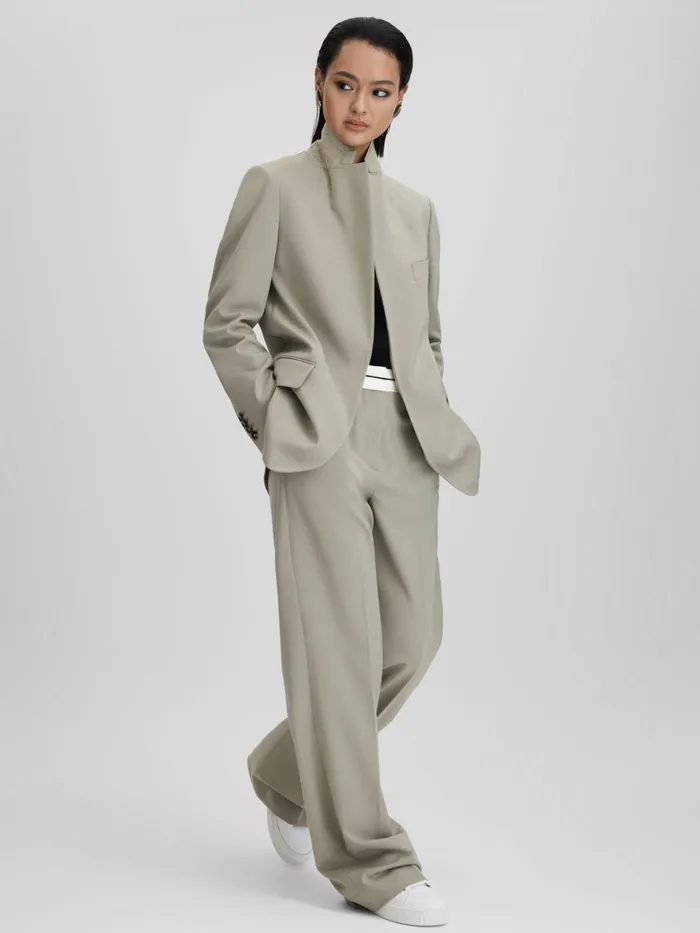 Women Reiss Pants Whitley Contrast Waistband Wide Leg Suit Trousers Green