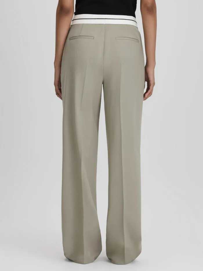 Women Reiss Pants Whitley Contrast Waistband Wide Leg Suit Trousers Green
