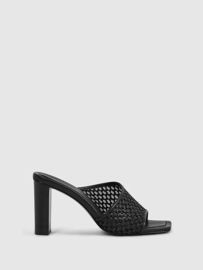 Women Reiss Sandals Heather Raffia Block Heel Mules Black