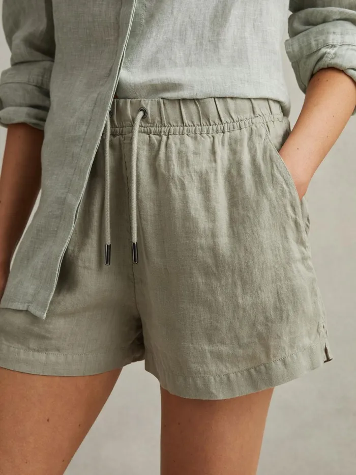 Women Reiss Shorts Cleo Linen Garment Dyed Drawstring Shorts Sage