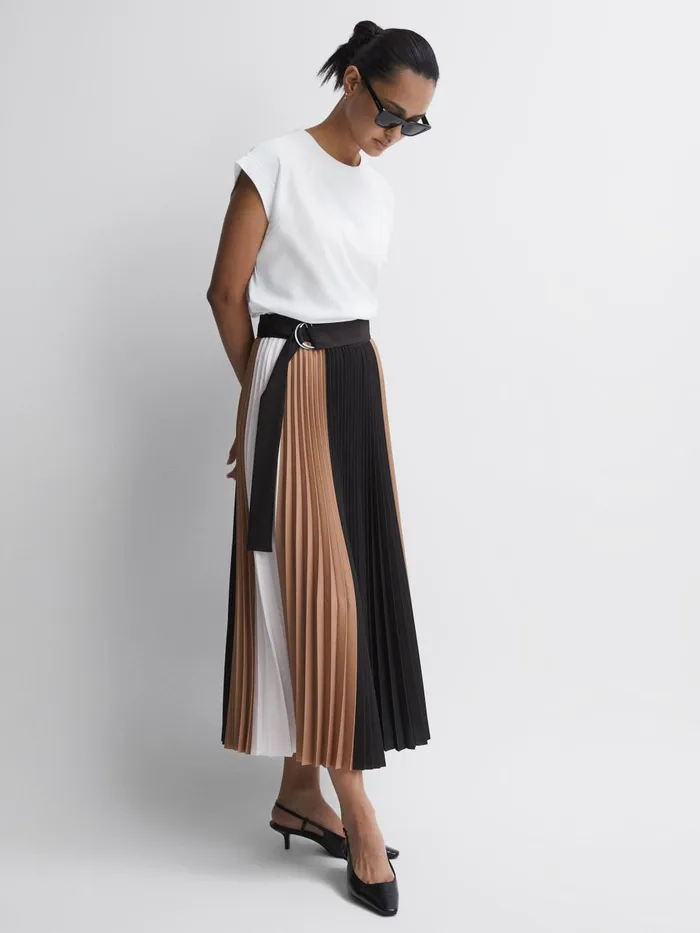 Women Reiss Skirts Ava Colourblock Pleated Midi Skirt Blackcamel